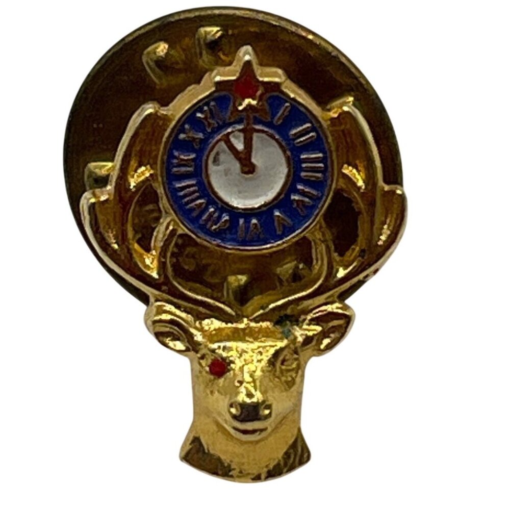 Vintage Gold Elk Lapel Pin W/Blue & White Clock Face Red Star Secure Clutch Back